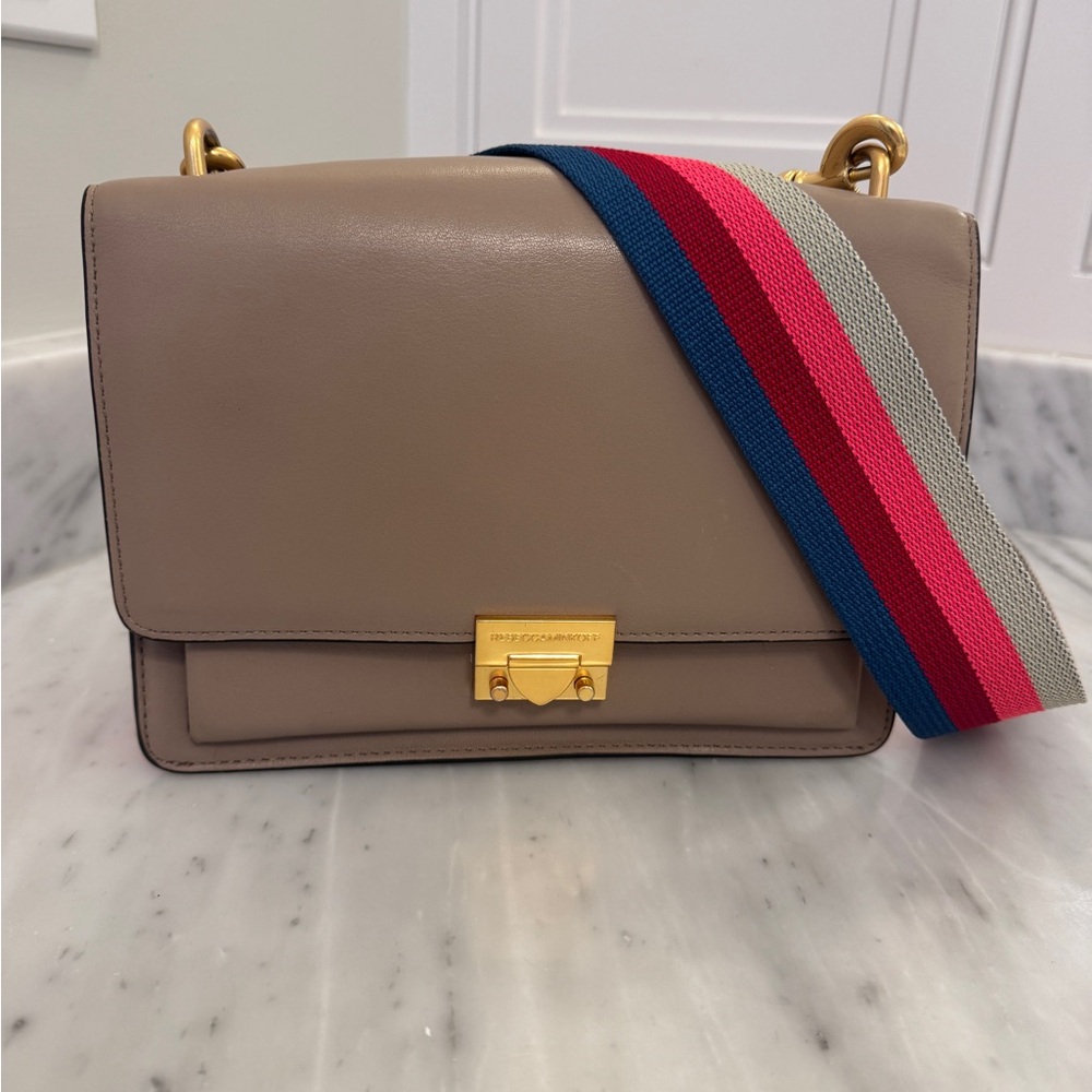 Elegant Rebecca Minkoff Taupe Crossbody Bag with Multicolor Strap